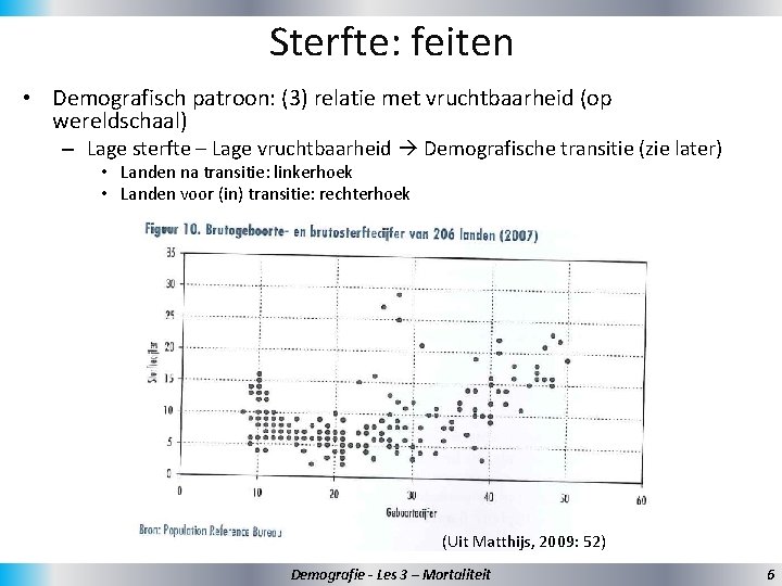 Sterfte: feiten • Demografisch patroon: (3) relatie met vruchtbaarheid (op wereldschaal) – Lage sterfte