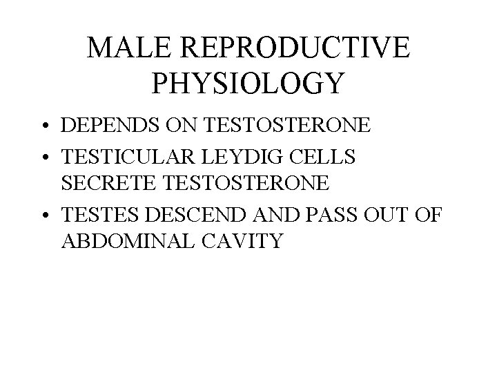 MALE REPRODUCTIVE PHYSIOLOGY • DEPENDS ON TESTOSTERONE • TESTICULAR LEYDIG CELLS SECRETE TESTOSTERONE •
