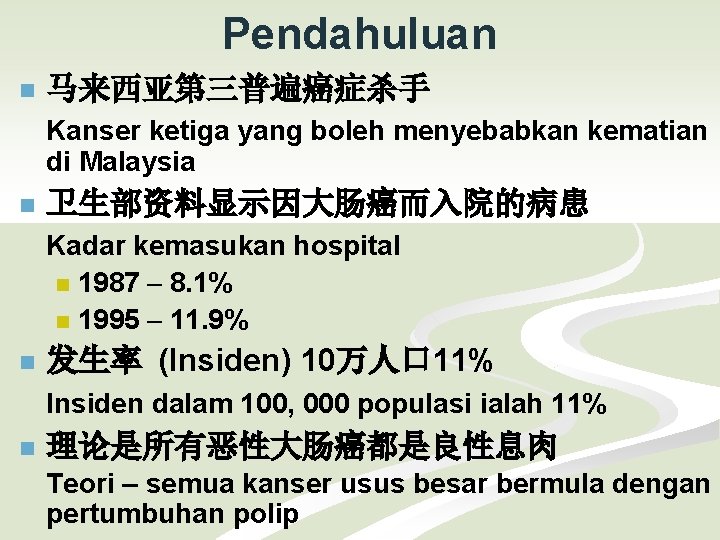 Pendahuluan n 马来西亚第三普遍癌症杀手 Kanser ketiga yang boleh menyebabkan kematian di Malaysia n 卫生部资料显示因大肠癌而入院的病患 Kadar