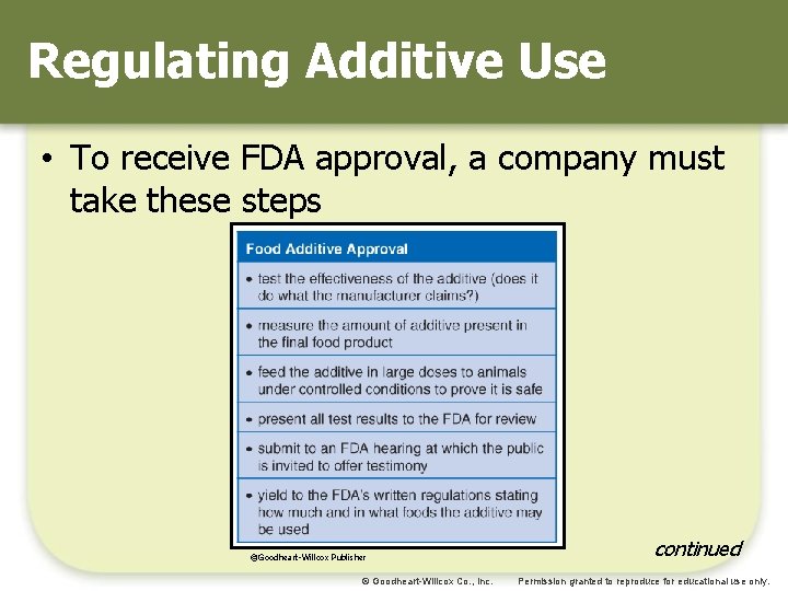 Regulating Additive Use • To receive FDA approval, a company must take these steps