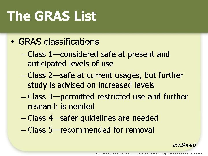 The GRAS List • GRAS classifications – Class 1—considered safe at present and anticipated