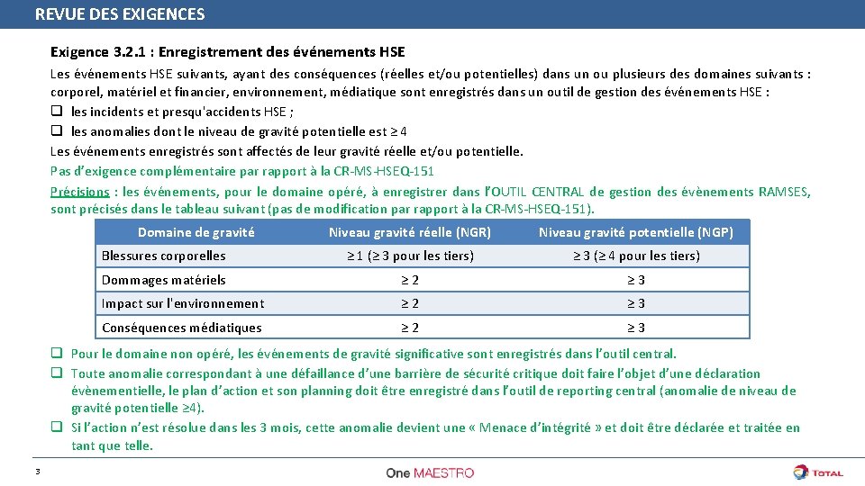 REVUE DES EXIGENCES Exigence 3. 2. 1 : Enregistrement des événements HSE Les événements REVUE DES EXIGENCES Exigence 3. 2. 1 : Enregistrement des événements HSE Les événements