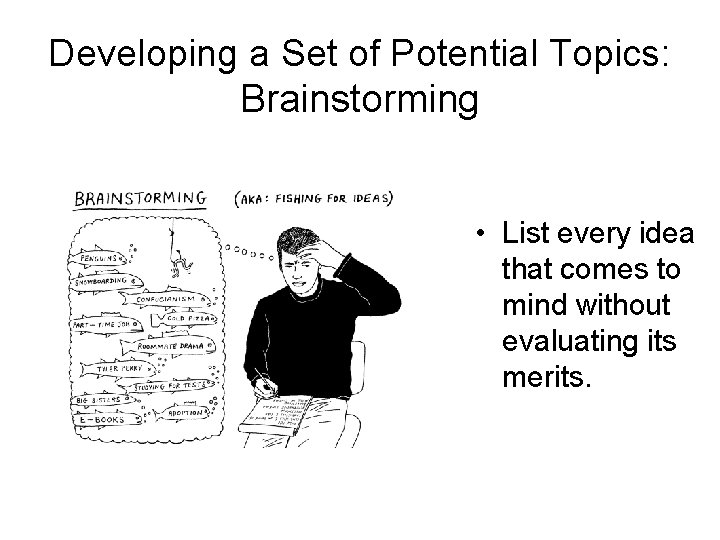 Developing a Set of Potential Topics: Brainstorming • List every idea that comes to