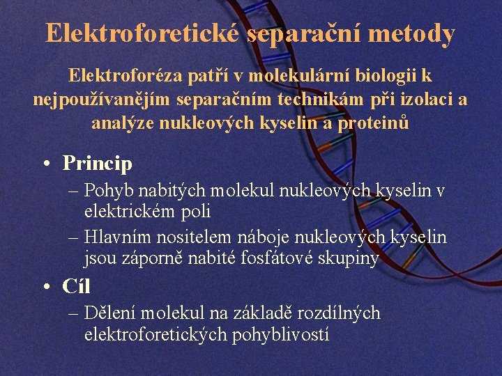 Elektroforetické separační metody Elektroforéza patří v molekulární biologii k nejpoužívanějím separačním technikám při izolaci