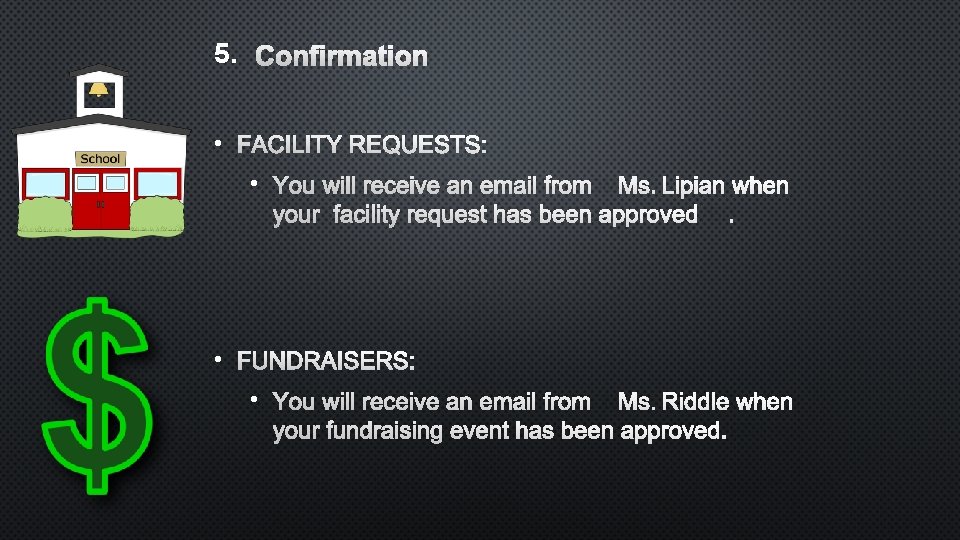 5. CONFIRMATION • FACILITY REQUESTS: • YOU WILL RECEIVE AN EMAIL FROMMS. LIPIAN WHEN