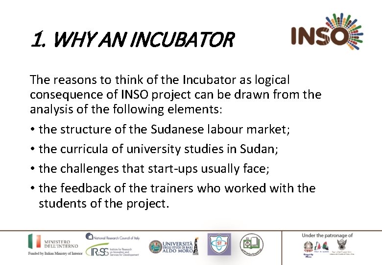 1. WHY AN INCUBATOR The reasons to think of the Incubator as logical consequence