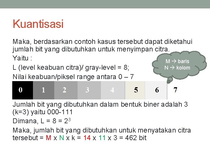 Kuantisasi Maka, berdasarkan contoh kasus tersebut dapat diketahui jumlah bit yang dibutuhkan untuk menyimpan