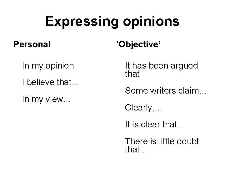 Expressing opinions Personal In my opinion I believe that… In my view… 'Objective‘ It