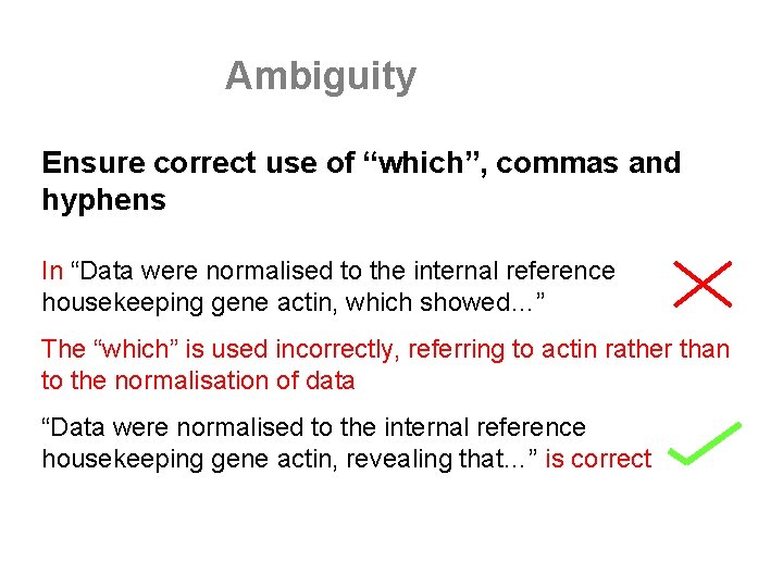 Ambiguity Ensure correct use of “which”, commas and hyphens In “Data were normalised to