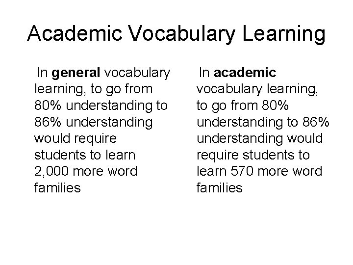Academic Vocabulary Learning In general vocabulary learning, to go from 80% understanding to 86%