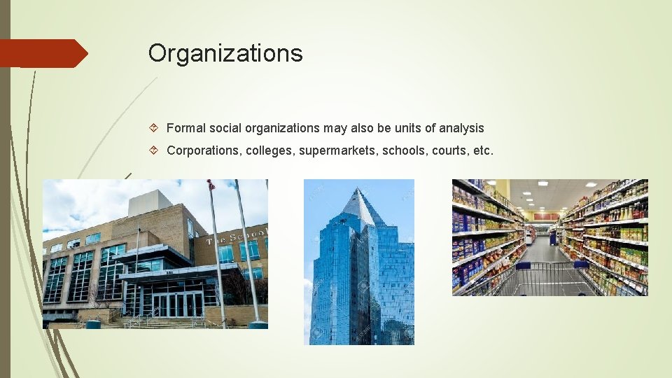 Organizations Formal social organizations may also be units of analysis Corporations, colleges, supermarkets, schools,