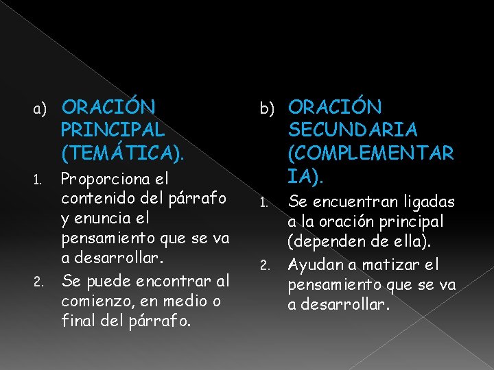 a) ORACIÓN PRINCIPAL (TEMÁTICA). Proporciona el contenido del párrafo y enuncia el pensamiento que a) ORACIÓN PRINCIPAL (TEMÁTICA). Proporciona el contenido del párrafo y enuncia el pensamiento que