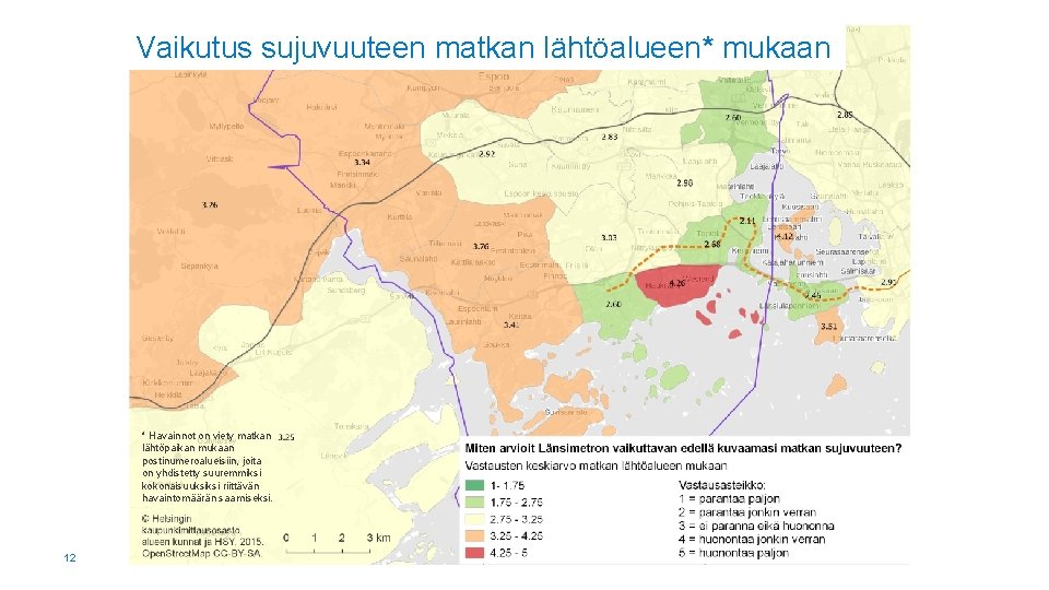 Vaikutus sujuvuuteen matkan lähtöalueen* mukaan * Havainnot on viety matkan lähtöpaikan mukaan postinumeroalueisiin, joita