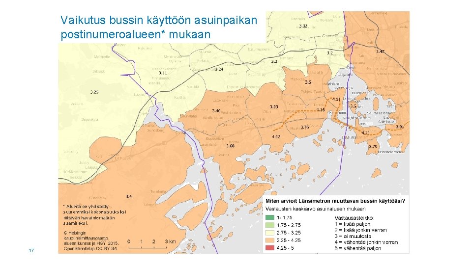 Vaikutus bussin käyttöön asuinpaikan Vaikutus bussin käyttöön postinumeroalueen* mukaan * Alueita on yhdistetty suuremmiksi Vaikutus bussin käyttöön asuinpaikan Vaikutus bussin käyttöön postinumeroalueen* mukaan * Alueita on yhdistetty suuremmiksi
