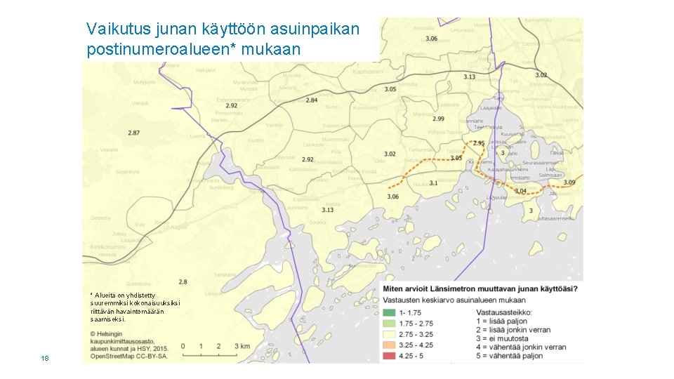 Vaikutus junan käyttöön asuinpaikan Vaikutus junan käyttöön postinumeroalueen* mukaan * Alueita on yhdistetty suuremmiksi