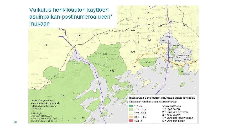 Vaikutus henkilöauton käyttöön asuinpaikan postinumeroalueen* mukaan * Alueita on yhdistetty suuremmiksi kokonaisuuksiksi riittävän havaintomäärän