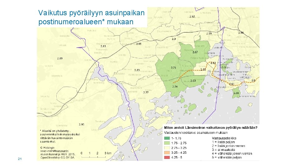 Vaikutus pyöräilyyn asuinpaikan postinumeroalueen* mukaan * Alueita on yhdistetty suuremmiksi kokonaisuuksiksi riittävän havaintomäärän saamiseksi.