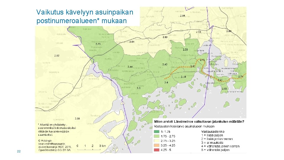 Vaikutus kävelyyn asuinpaikan postinumeroalueen* mukaan * Alueita on yhdistetty suuremmiksi kokonaisuuksiksi riittävän havaintomäärän saamiseksi.