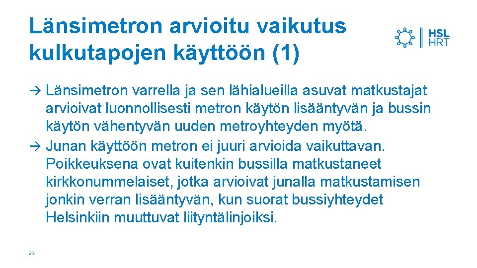 Länsimetron arvioitu vaikutus kulkutapojen käyttöön (1) Länsimetron varrella ja sen lähialueilla asuvat matkustajat arvioivat