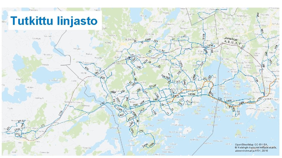 Tutkittu linjasto Junalin jat A, E, U , X, Y Open. Street. Map CC-BY-SA,