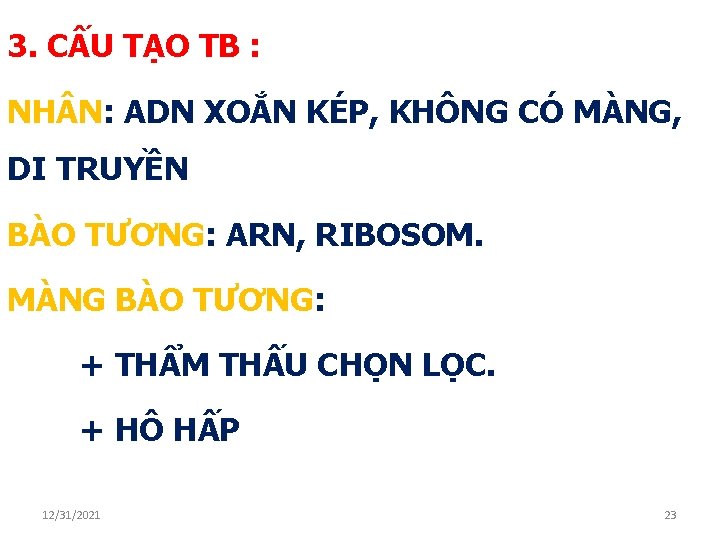 3. CẤU TẠO TB : NH N: ADN XOẮN KÉP, KHÔNG CÓ MÀNG, DI