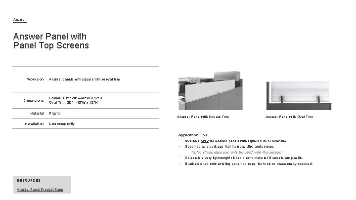 Answer Panel with Panel Top Screens Works on Dimensions Material Installation Answer panels with