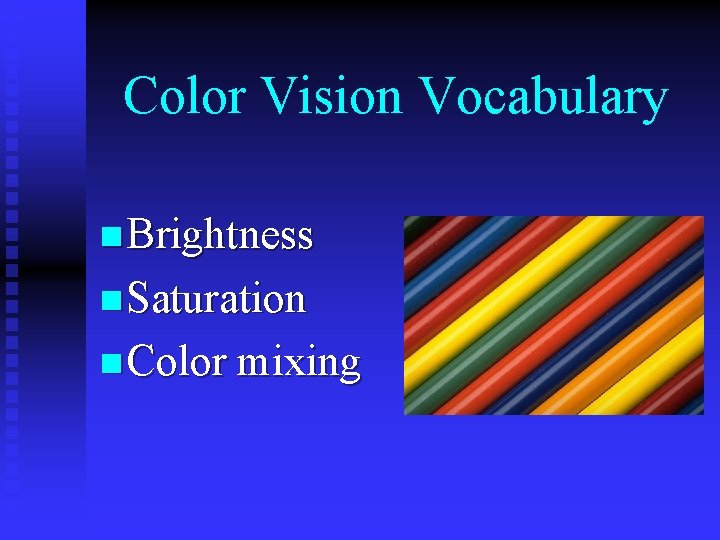 Color Vision Vocabulary n Brightness n Saturation n Color mixing 