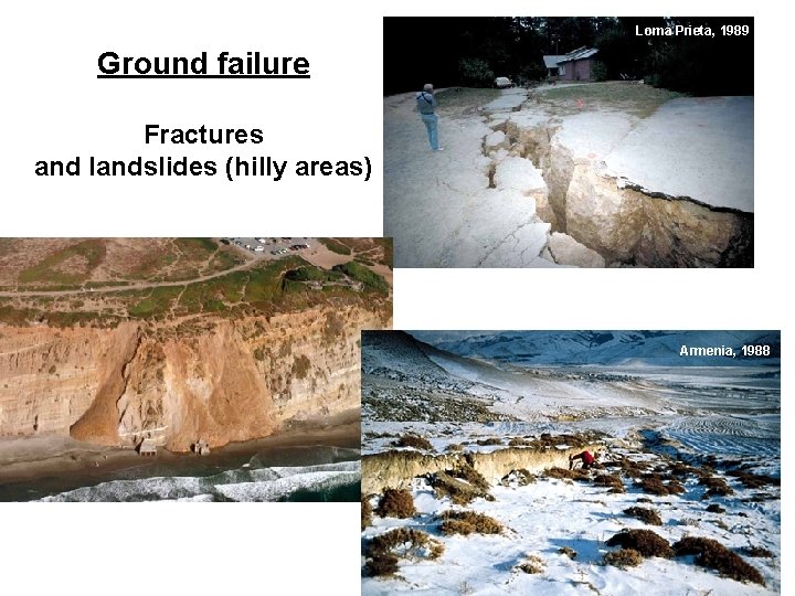 Loma Prieta, 1989 Ground failure Fractures and landslides (hilly areas) Armenia, 1988 