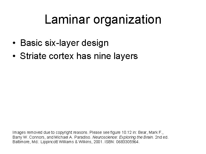 Laminar organization • Basic six-layer design • Striate cortex has nine layers Images removed