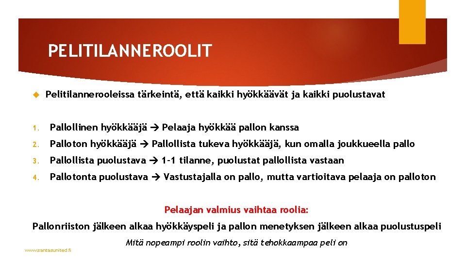 PELITILANNEROOLIT Pelitilannerooleissa tärkeintä, että kaikki hyökkäävät ja kaikki puolustavat 1. Pallollinen hyökkääjä Pelaaja hyökkää PELITILANNEROOLIT Pelitilannerooleissa tärkeintä, että kaikki hyökkäävät ja kaikki puolustavat 1. Pallollinen hyökkääjä Pelaaja hyökkää