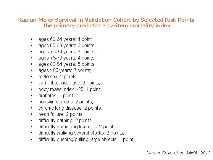 Kaplan-Meier Survival in Validation Cohort by Selected Risk Points The primary predictor a 12