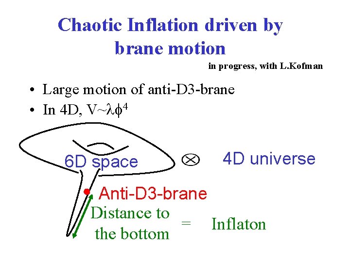 Chaotic Inflation driven by brane motion in progress, with L. Kofman • Large motion