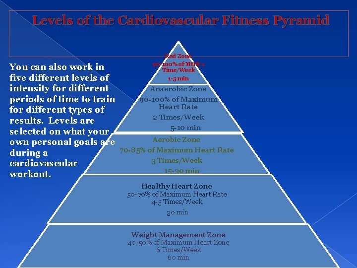 Levels of the Cardiovascular Fitness Pyramid You can also work in five different levels