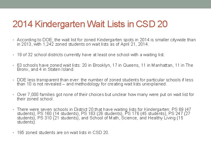 2014 Kindergarten Wait Lists in CSD 20 • According to DOE, the wait list