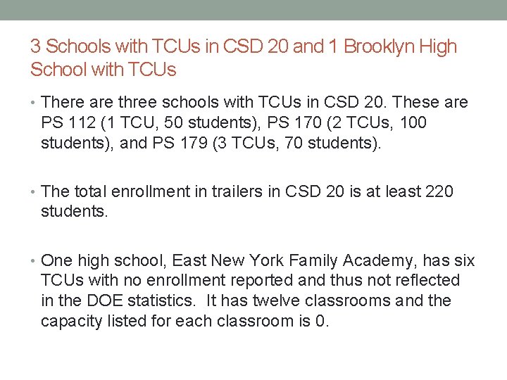 3 Schools with TCUs in CSD 20 and 1 Brooklyn High School with TCUs