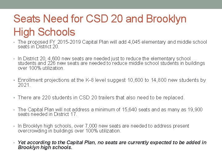 Seats Need for CSD 20 and Brooklyn High Schools • The proposed FY 2015