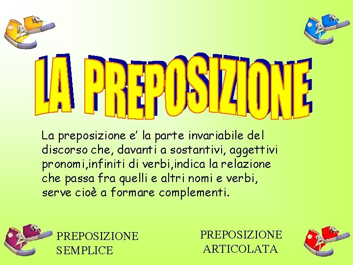 La preposizione e’ la parte invariabile del discorso che, davanti a sostantivi, aggettivi pronomi,