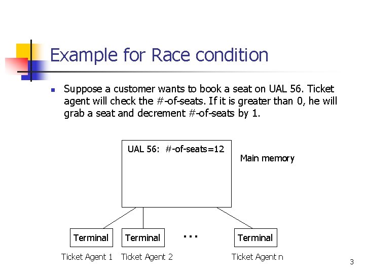 Example for Race condition n Suppose a customer wants to book a seat on