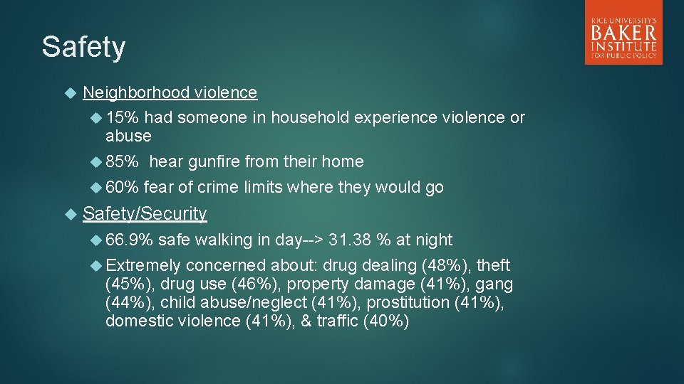 Safety Neighborhood violence 15% had someone in household experience violence or abuse 85% hear