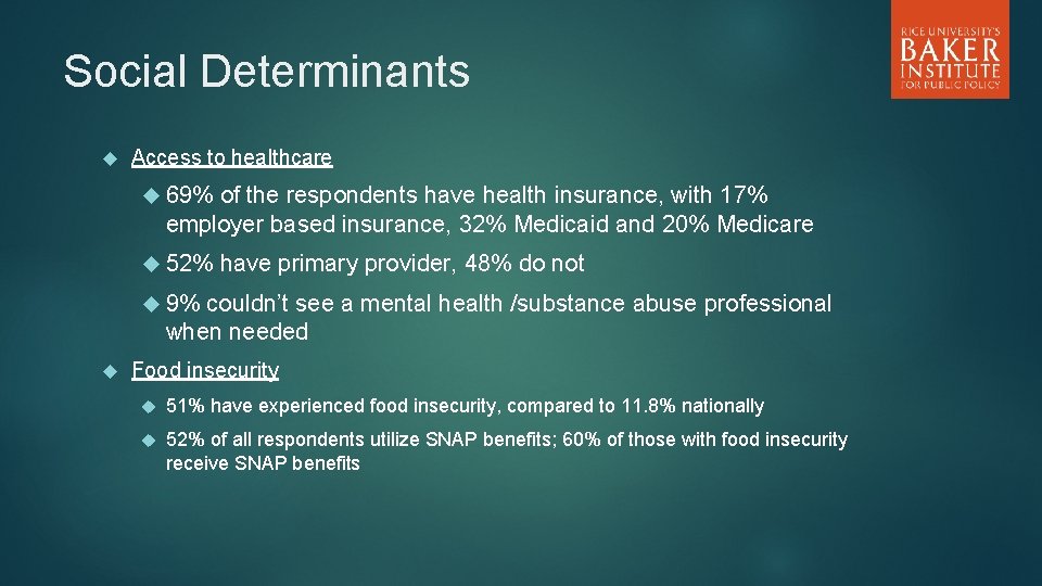 Social Determinants Access to healthcare 69% of the respondents have health insurance, with 17%