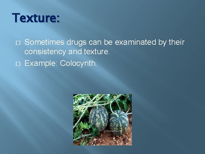 Texture: � � Sometimes drugs can be examinated by their consistency and texture. Example: