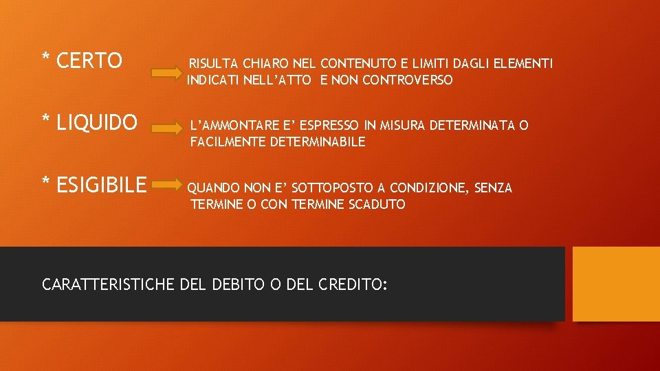 * CERTO * LIQUIDO * ESIGIBILE RISULTA CHIARO NEL CONTENUTO E LIMITI DAGLI ELEMENTI