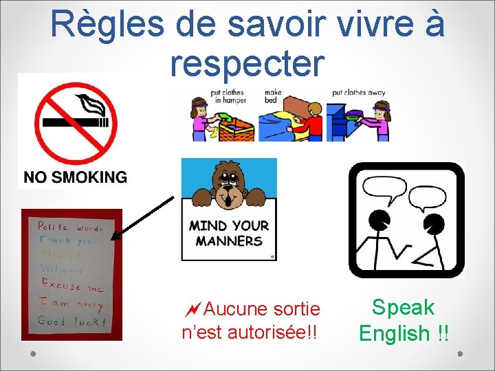 Règles de savoir vivre à respecter * Aucune sortie n’est autorisée!! Speak English !!