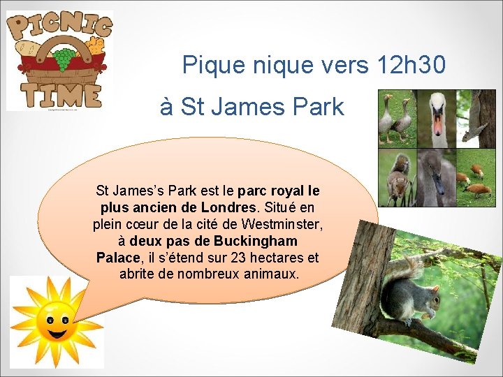 Pique nique vers 12 h 30 à St James Park St James’s Park est