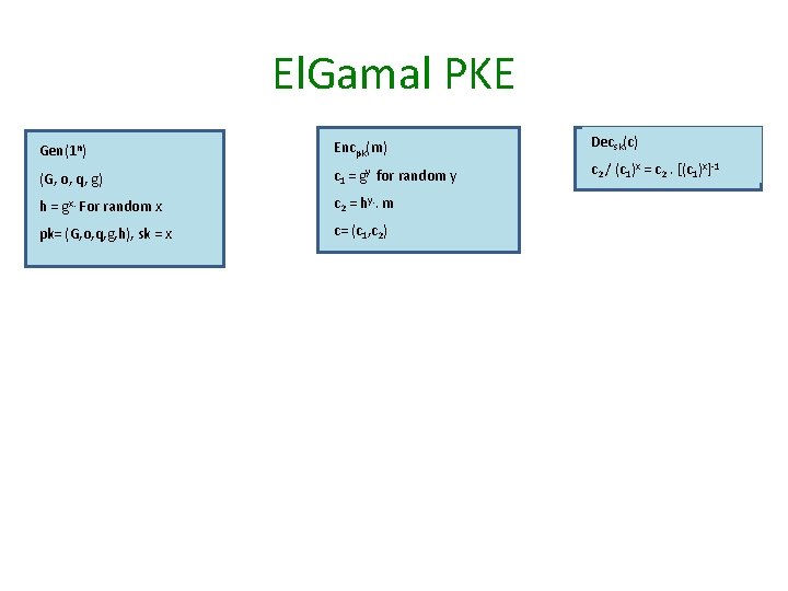 El. Gamal PKE Gen(1 n) Encpk(m) Decsk(c) (G, o, q, g) c 1 =