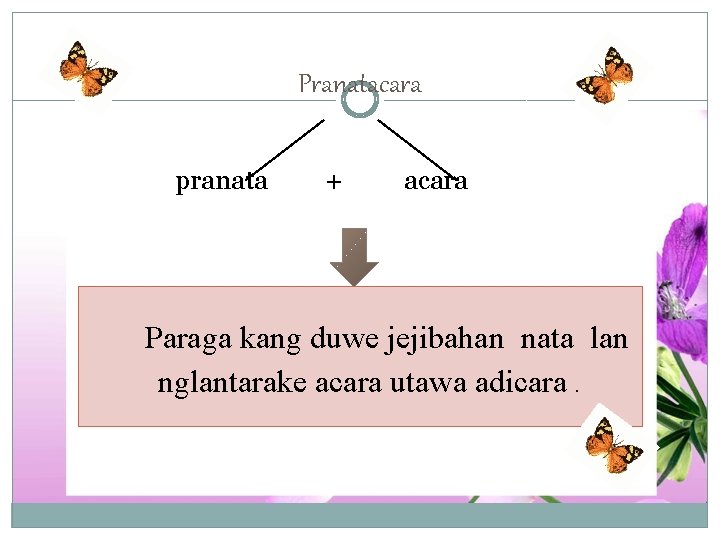 Pranatacara pranata + acara Paraga kang duwe jejibahan nata lan nglantarake acara utawa adicara.