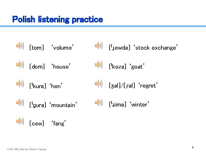 Polish listening practice [tom] ‘volume’ [ˈɟewda] ‘stock exchange’ [dom] ‘house’ [ˈkoza] ‘goat’ [ˈkura] ‘hen’