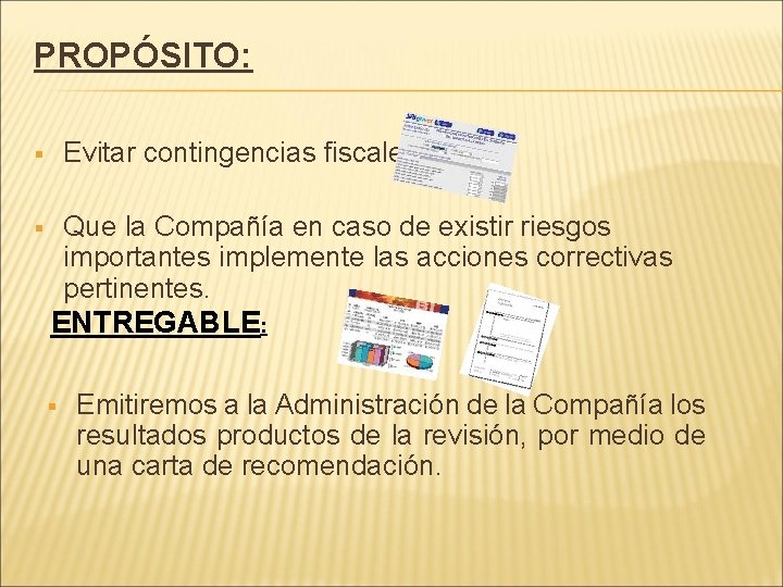 PROPÓSITO: § Evitar contingencias fiscales. § Que la Compañía en caso de existir riesgos