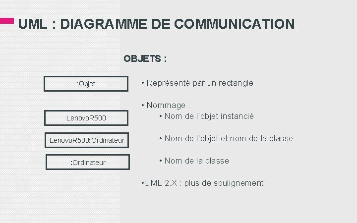 UML : DIAGRAMME DE COMMUNICATION OBJETS : : Objet • Représenté par un rectangle