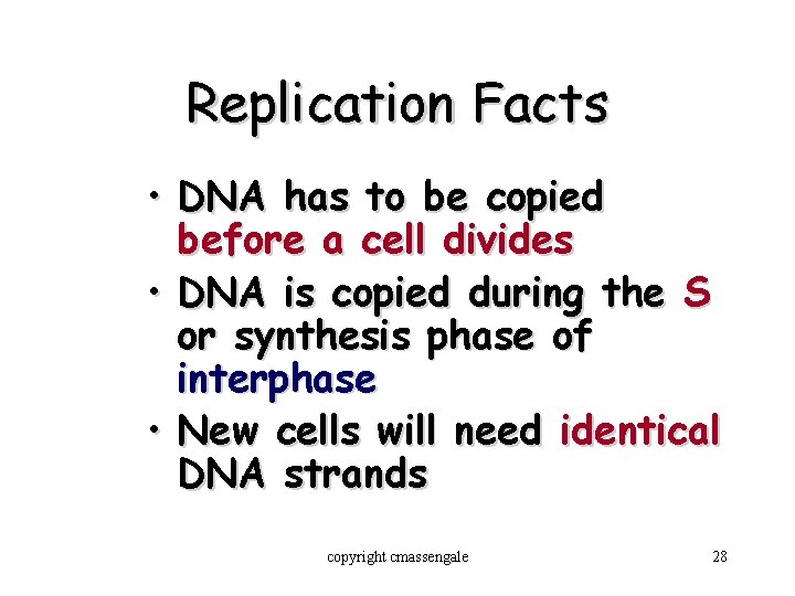 Replication Facts • DNA has to be copied before a cell divides • DNA